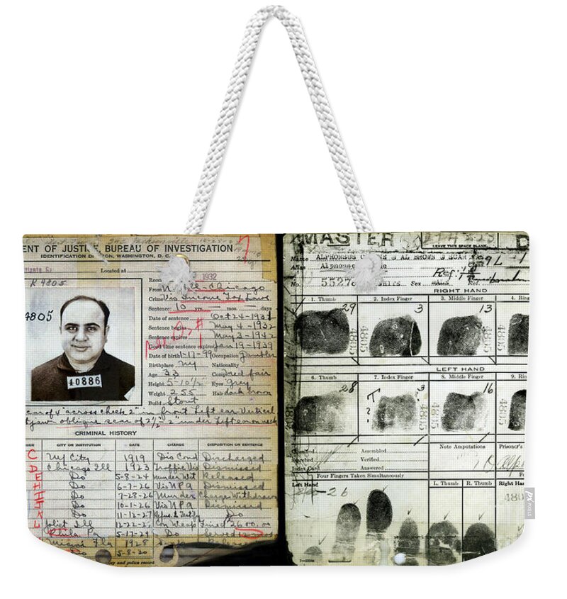 Prohibition Weekender Tote Bag featuring the photograph All Capone Booking Sheet by Jon Neidert