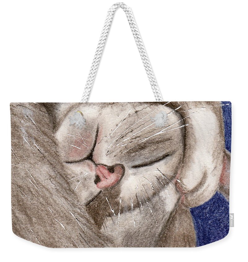 Cat Weekender Tote Bag featuring the drawing All Curled Up by Terry Taylor