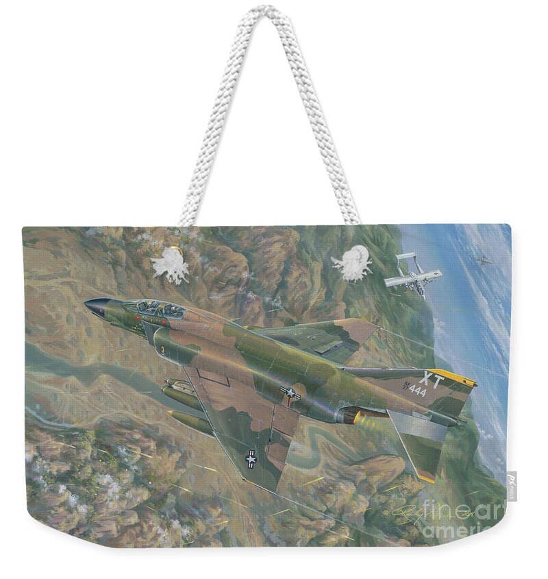 F-4c Phantom Weekender Tote Bag featuring the painting ALL FOR ONE  The Rescue of Boxer 22 Ban Phanop Laos 5 thru 7 December 1969 by Randy Green