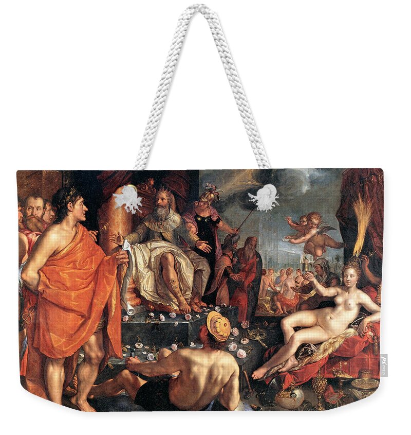Hendrik Goltzius Weekender Tote Bag featuring the painting Allegory of the Arts by Hendrik Goltzius