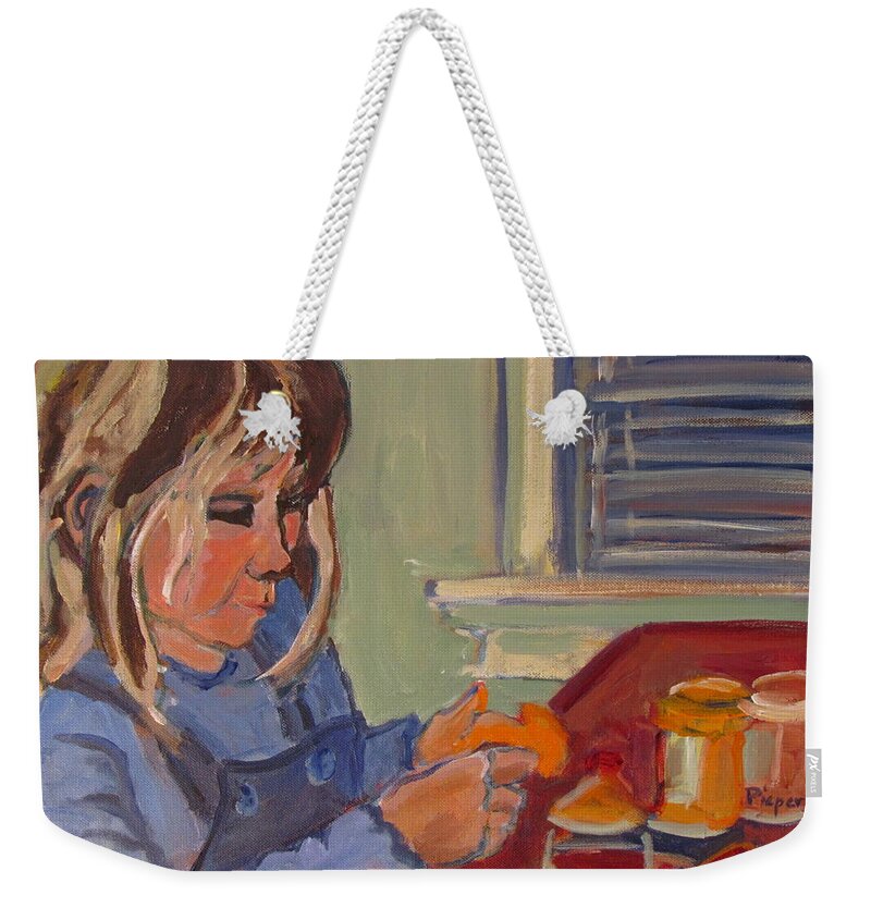 Child With Play Dough Weekender Tote Bag featuring the painting Allie and Play Dough by Betty Pieper
