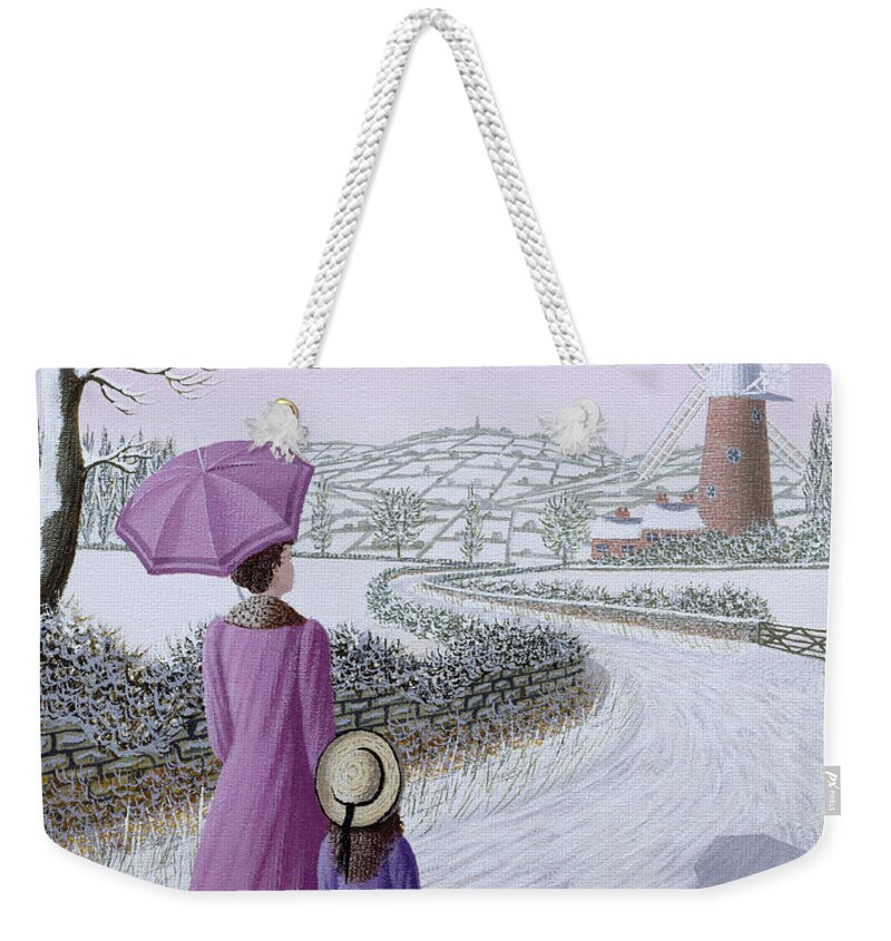 Naive; Landscape; Windmill; Shadow; Umbrella; Parasol Weekender Tote Bag featuring the painting Almost Home by Peter Szumowski