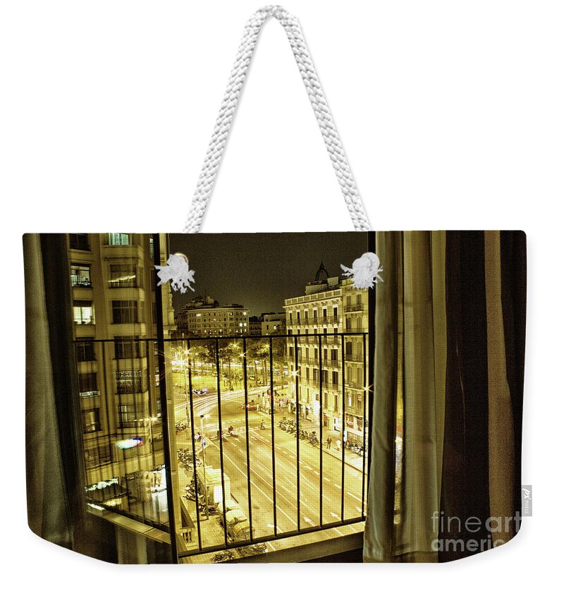 Cityscape Weekender Tote Bag featuring the photograph Alone at Midnight in Barcelona by Becqi Sherman