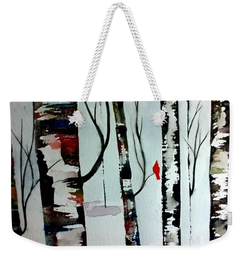 Red Birds Weekender Tote Bag featuring the painting Alone by Eunice Miller