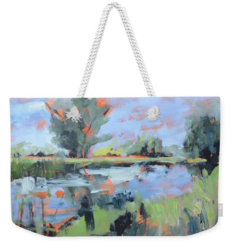 Abstract Landscape Weekender Tote Bag featuring the painting Along the River by Donna Tuten