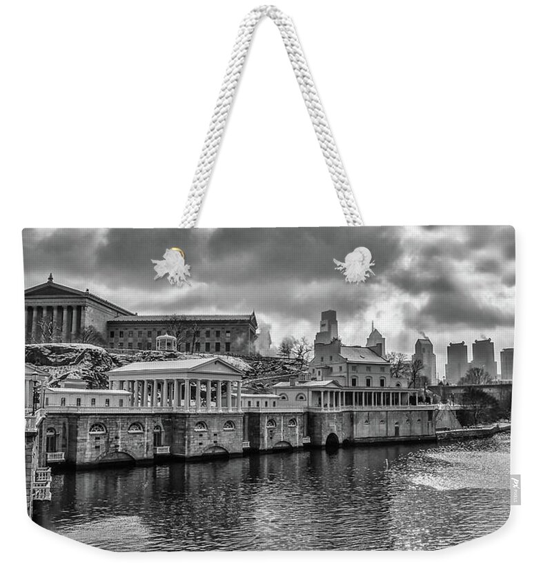 Winter Weekender Tote Bag featuring the photograph Along the Schuylkill River - Fairmount Waterworks in Black and W by Bill Cannon