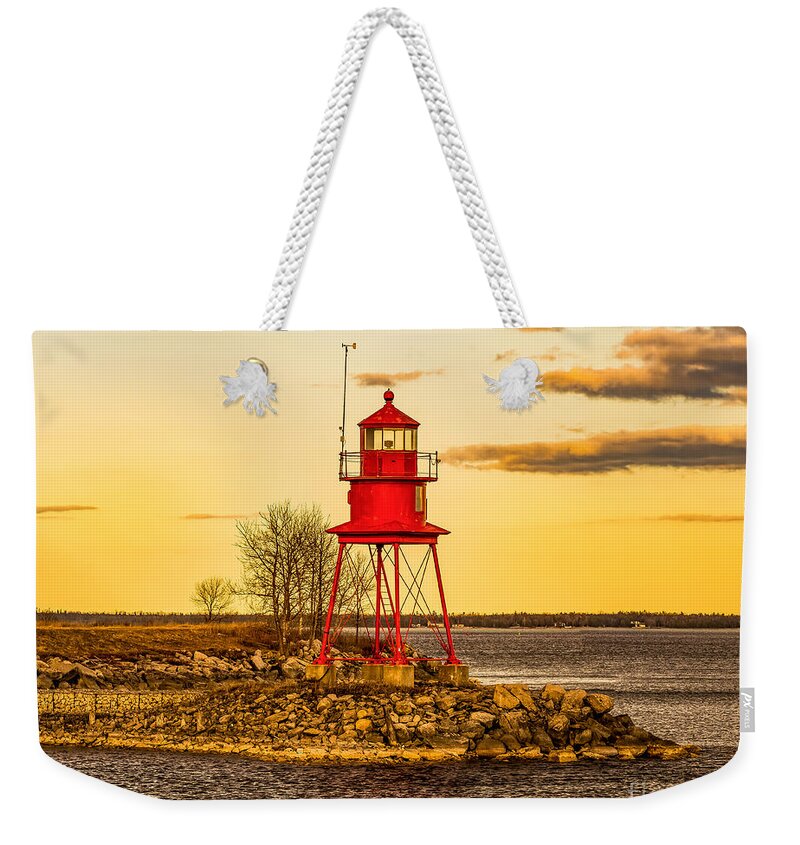 Beacon Weekender Tote Bag featuring the photograph Alpena Harbor Lighthouse at Sunset by Nick Zelinsky Jr