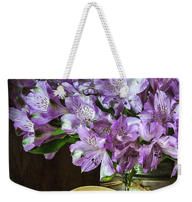 Alstroemeria Weekender Tote Bag featuring the photograph Alstroemeria with Seashell by Cindi Ressler
