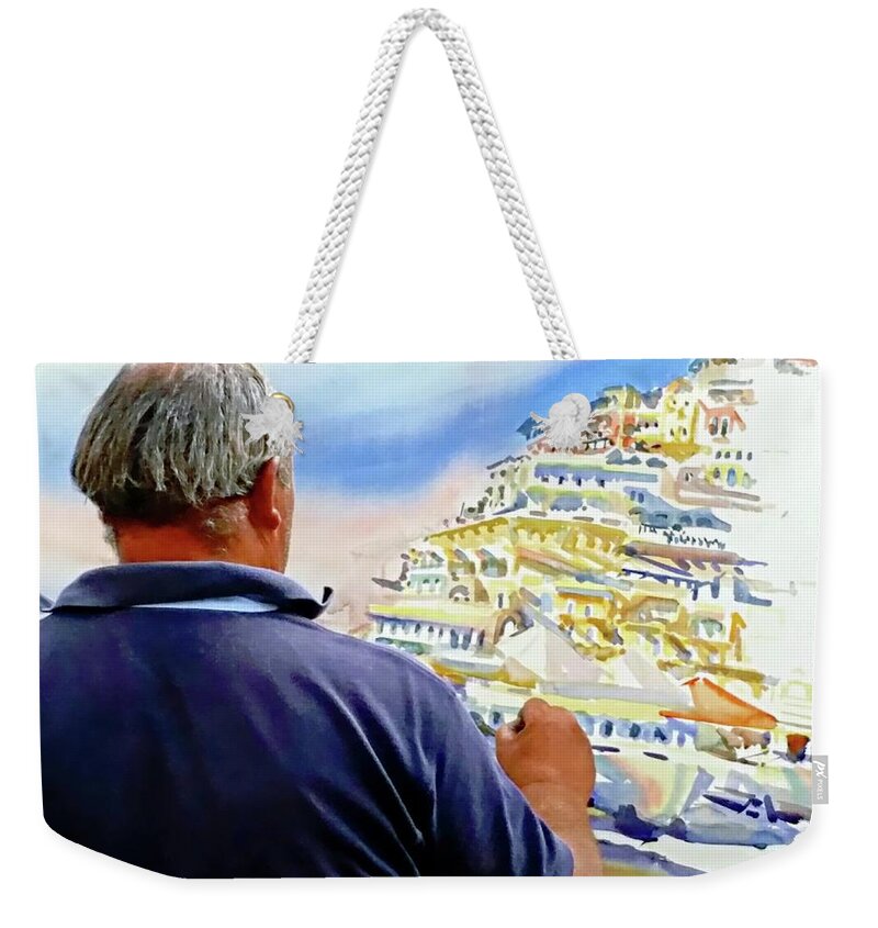 Europe Weekender Tote Bag featuring the digital art Amalfi Coast Street Artist - Positano, Italy by Joseph Hendrix