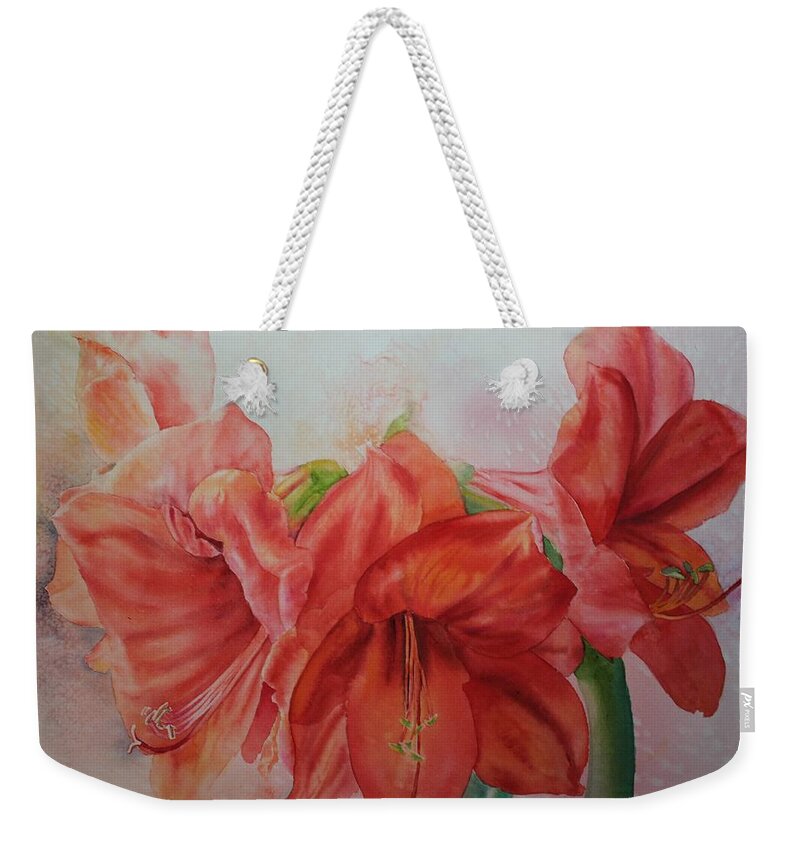 Flowers Weekender Tote Bag featuring the painting Amarylis by Ruth Kamenev