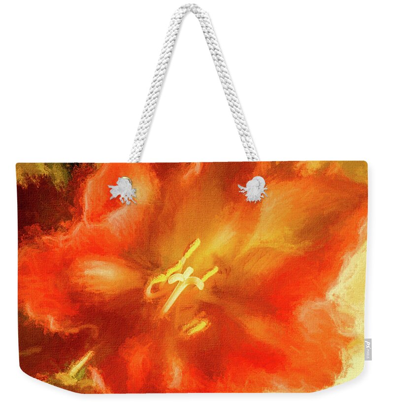 Mona Stut Weekender Tote Bag featuring the mixed media Amaryllis Orange Yellow Red by Mona Stut