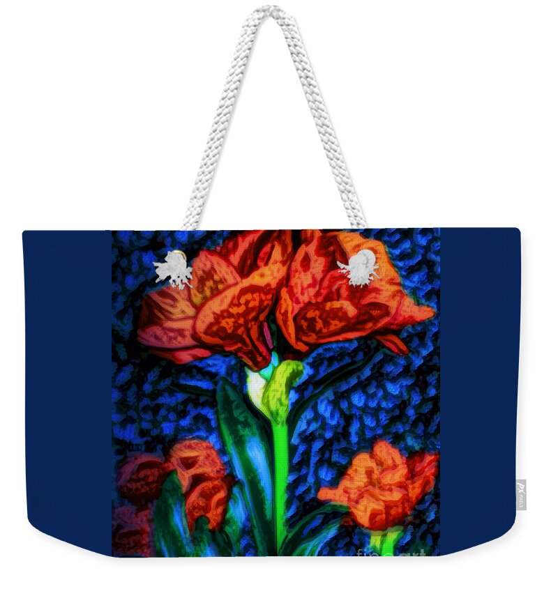 Brilliant Impressionist And Abstract Of Amyrillis Red Flower With Long Stem And Elongated Leaves Impressionistic Royal Blue And Dark Navy Blue Look Of Stained Glass Nature Scene Flower Works Red Flowers Red And Blue Colors Mixed Media Photograph And Digital Painting Weekender Tote Bag featuring the photograph Amaryllis Van Gogh Style by Kimberlee Baxter