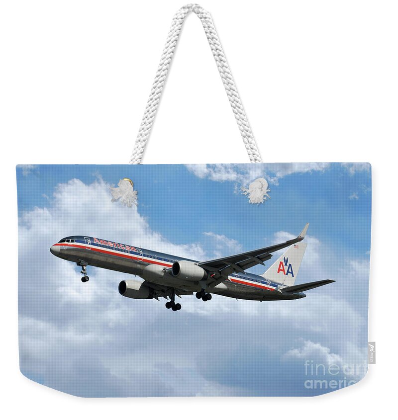 Boeing Weekender Tote Bag featuring the digital art American Airlines Boeing 757 by Airpower Art