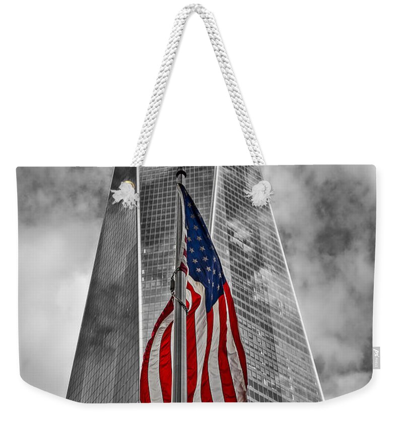 One World Trade Center Weekender Tote Bag featuring the photograph American Flag At World Trade Center WTC BW by Susan Candelario