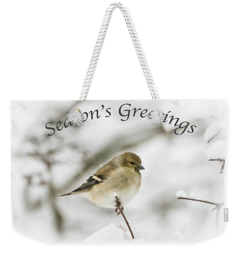American Goldfinch Weekender Tote Bag featuring the photograph American Goldfinch - Season's Greetings by Holden The Moment
