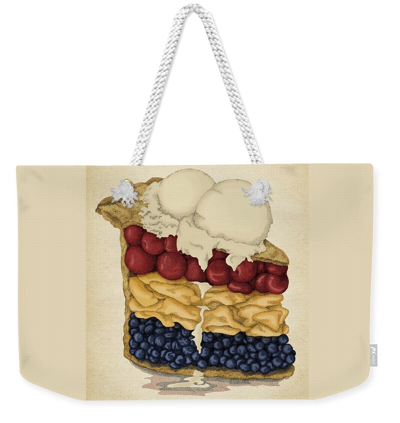 American Pie Cherry Apple Blueberry Food Red White Blue Weekender Tote Bag featuring the drawing American Pie by Meg Shearer