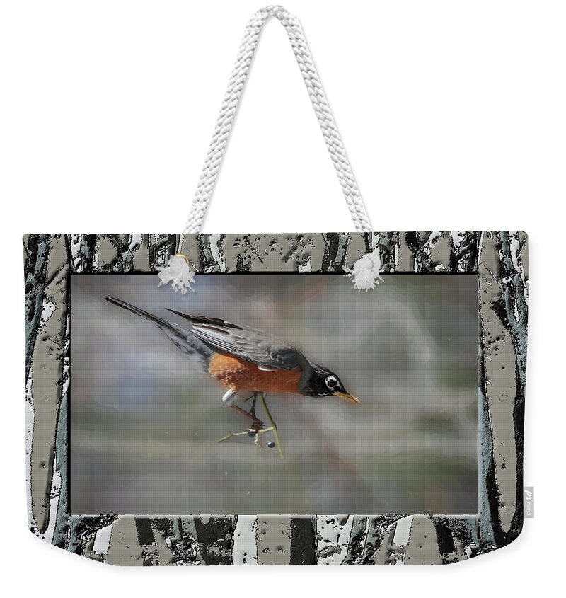 American Robin Weekender Tote Bag featuring the digital art American Robin perching alertly on small branch by Rusty R Smith