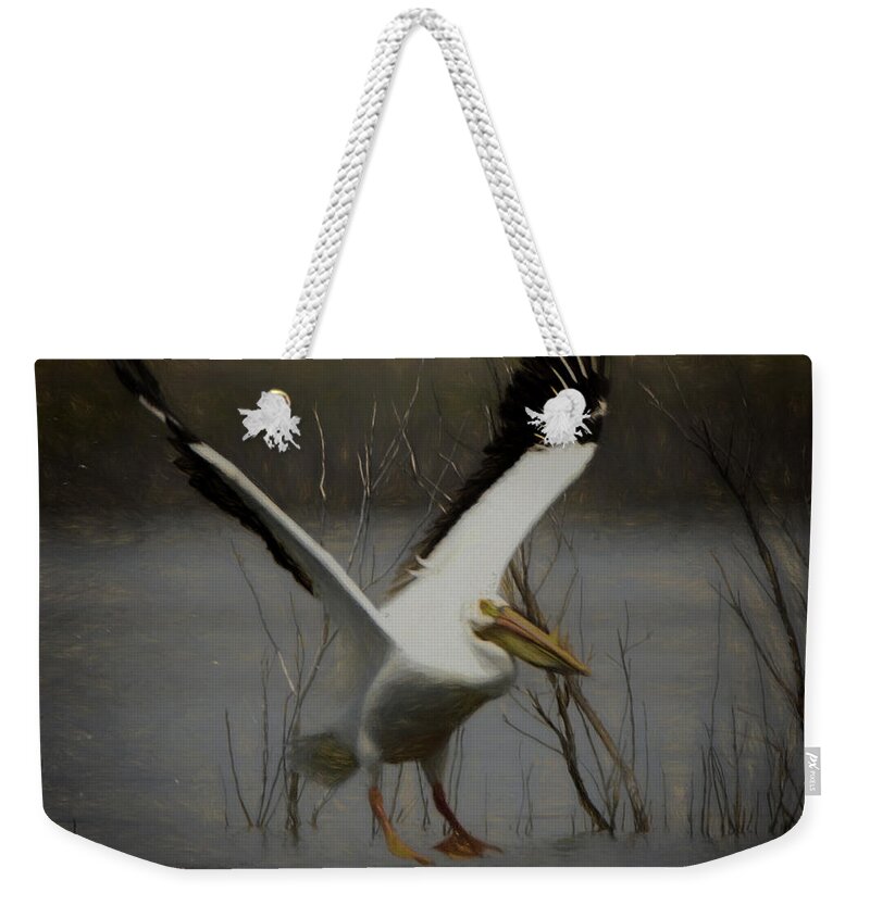 American White Pelican Weekender Tote Bag featuring the digital art American White Pelican Da square by Ernest Echols