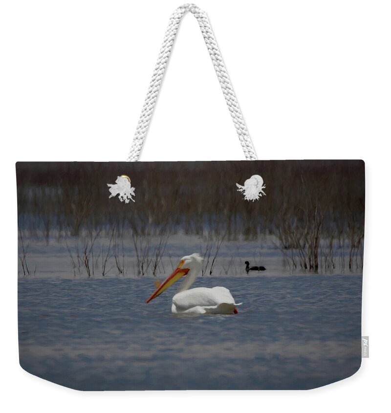 American White Pelican Weekender Tote Bag featuring the digital art American White Pelican Searching Da by Ernest Echols