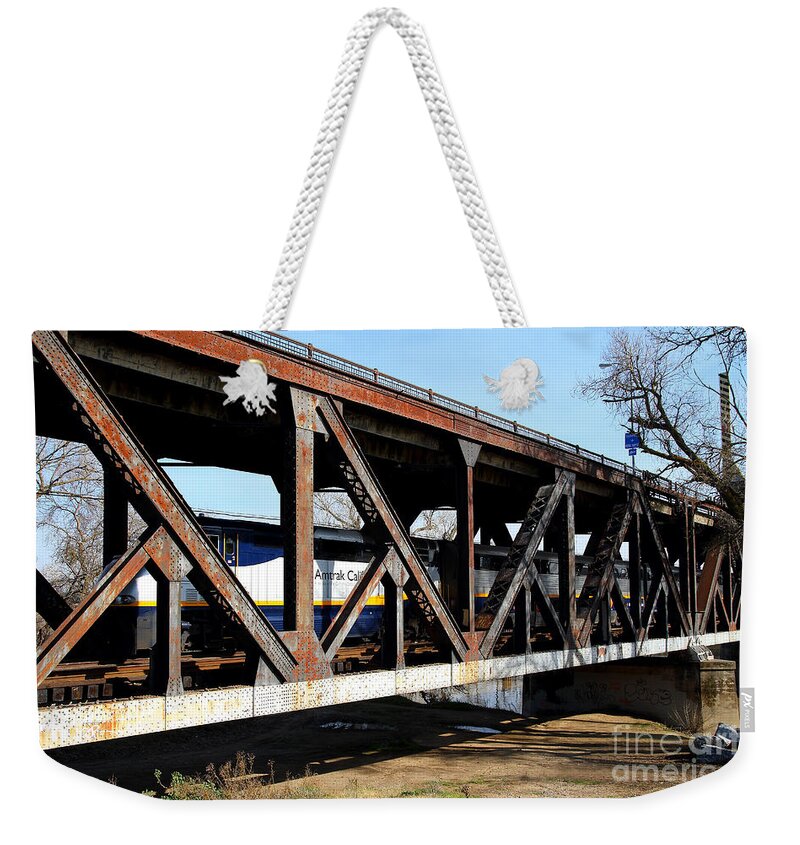 Transportation Weekender Tote Bag featuring the photograph Amtrak California Crossing The Old Sacramento Southern Pacific Train Bridge . 7D11410 by Wingsdomain Art and Photography