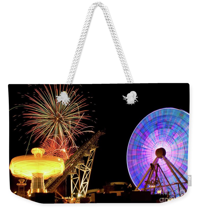 Collage Weekender Tote Bag featuring the photograph Amusemant Pier in Wildwood New Jersey with Colorful Firework Explosions by Anthony Totah