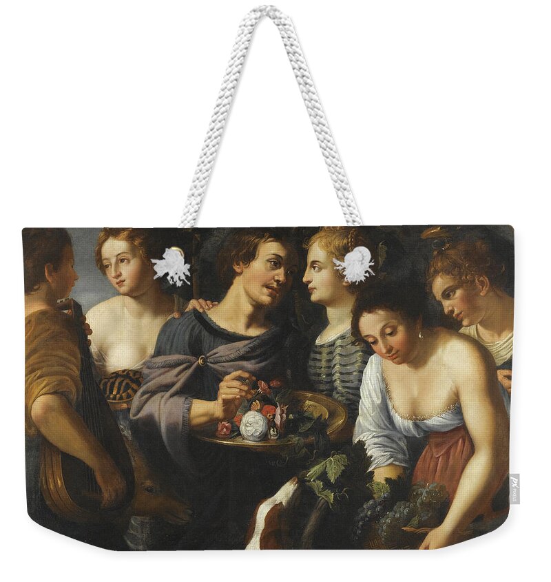Follower Of Nicolas Regnier Weekender Tote Bag featuring the painting An Allegory of the Five Senses by Follower of Nicolas Regnier