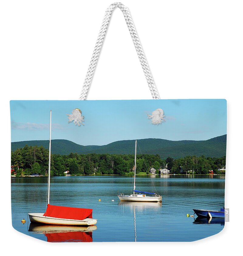Pittsfield Weekender Tote Bag featuring the photograph An early calm on a Berkshire Lake by James Kirkikis