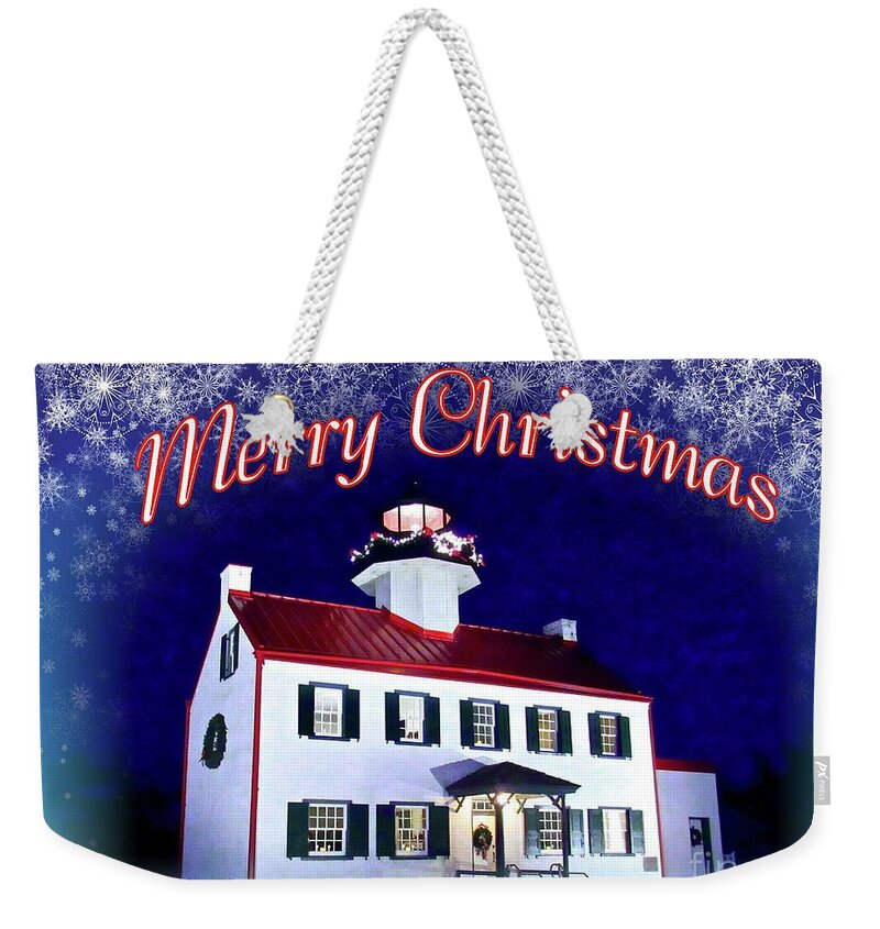 East Point Lighthouse Weekender Tote Bag featuring the mixed media An East Point Lighthouse Merry Christmas by Nancy Patterson