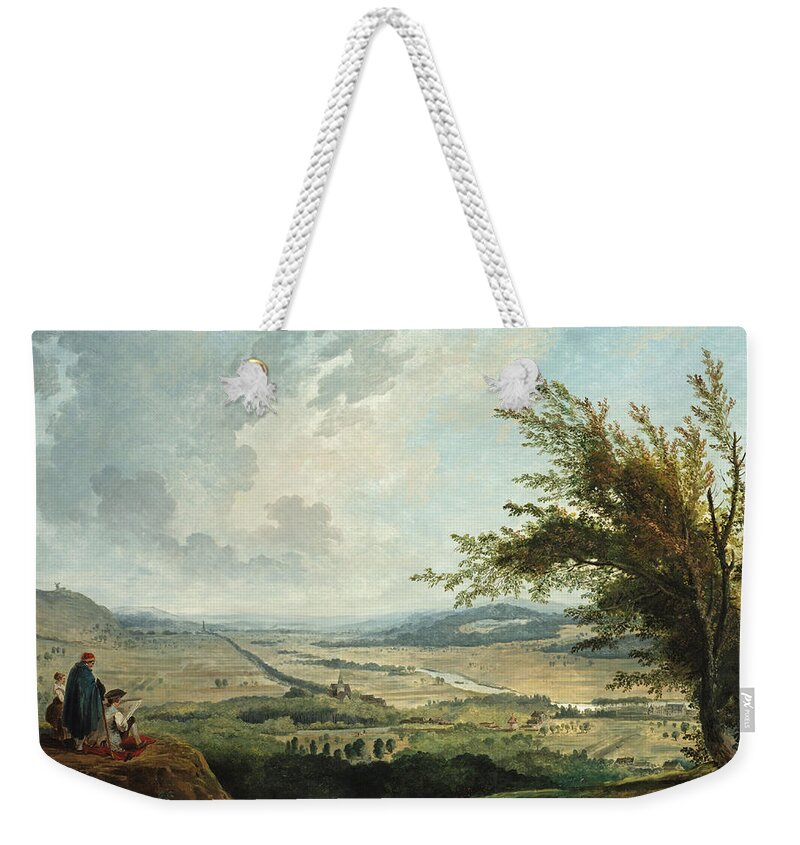 Hubert Robert Weekender Tote Bag featuring the painting An Extensive Landscape near Paris by Hubert Robert
