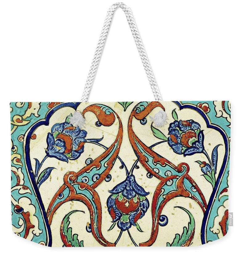 Turkish Weekender Tote Bag featuring the painting An Iznik Polychrome Tile, Turkey, circa 1580, by Adam Asar, No 20k by Celestial Images