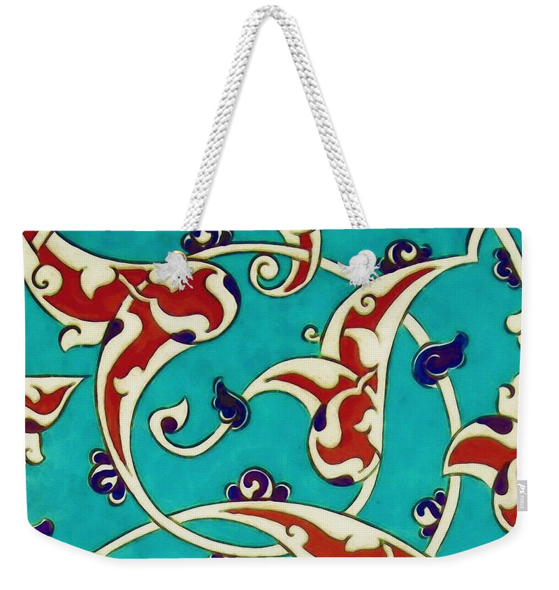 Turkish Weekender Tote Bag featuring the painting An Ottoman Iznik style floral design pottery polychrome, by Adam Asar, No 46a by Celestial Images