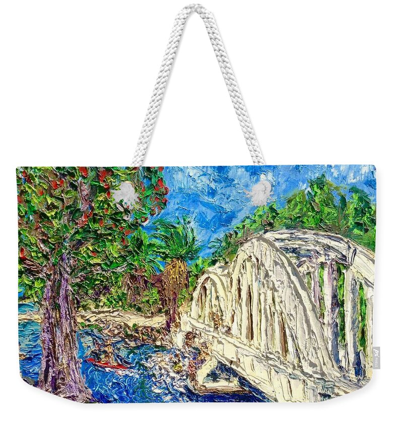 Landscape Weekender Tote Bag featuring the painting Anahulu Stream Bridge by Jeffrey Scrivo