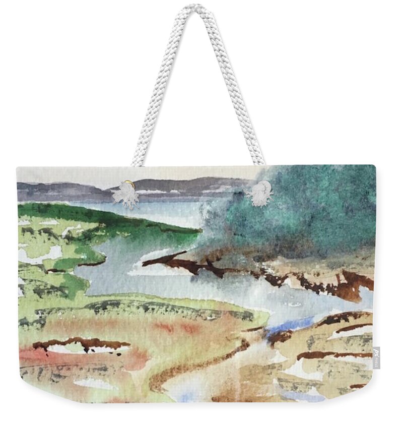 Landscape Weekender Tote Bag featuring the painting And Still Runs the River by Roger Cummiskey