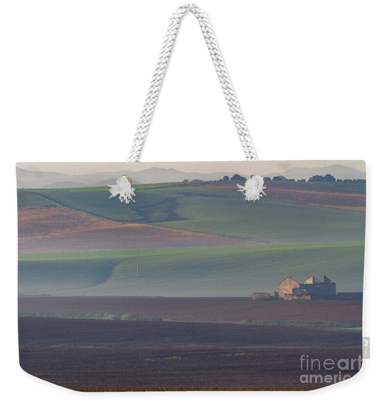 Landscape Weekender Tote Bag featuring the photograph Andalusian Fields in Morning Mists by Heiko Koehrer-Wagner