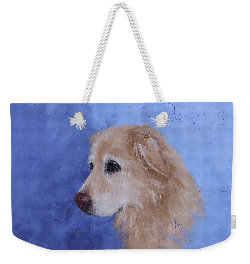 Dog Art Weekender Tote Bag featuring the painting Angel, a Golden Retriever by Monica Burnette