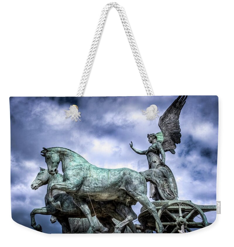 Edited Weekender Tote Bag featuring the photograph Angel and Chariot with Horses by Sonny Marcyan