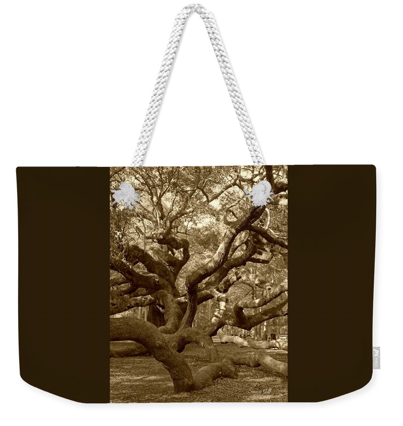 Sepia Weekender Tote Bag featuring the photograph Angel Oak in Sepia by Suzanne Gaff