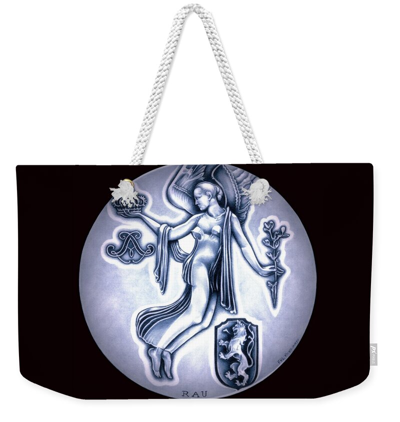 Coin Weekender Tote Bag featuring the drawing Angelic Belgium Royal Crown by Fred Larucci