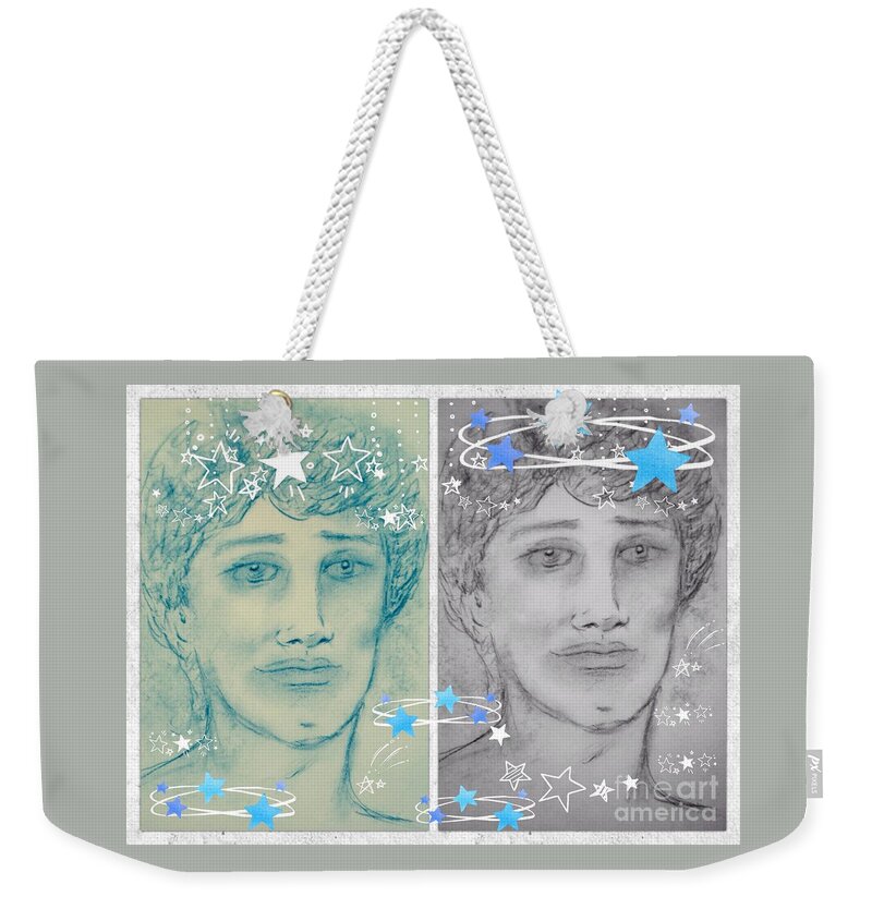 Angels Weekender Tote Bag featuring the drawing Angelic Celestial Portrait 2 by Joan-Violet Stretch