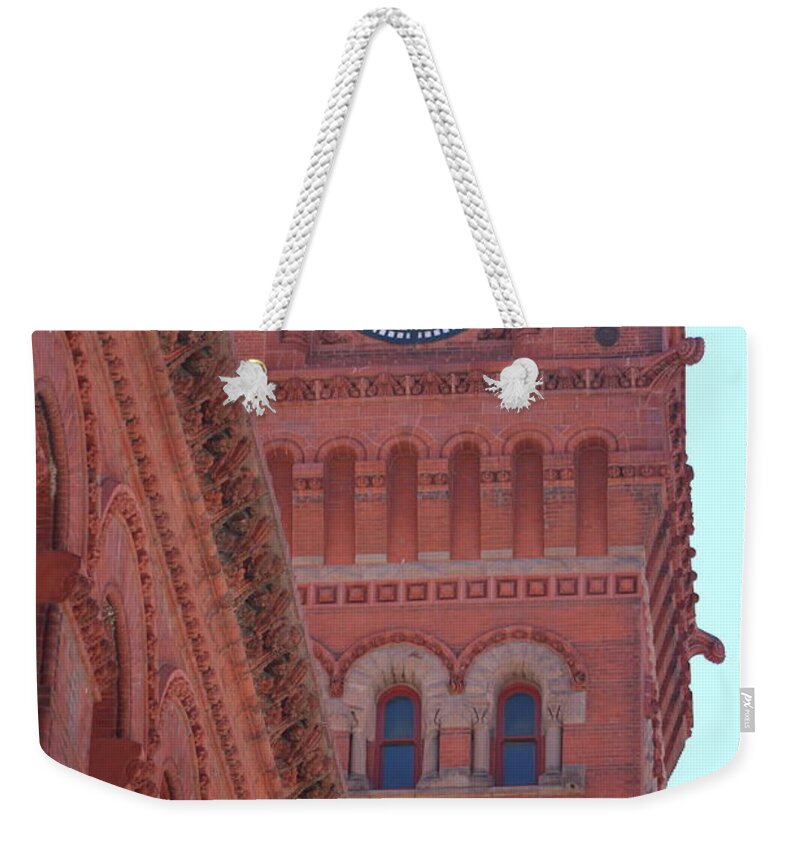 Dearborn Station Weekender Tote Bag featuring the photograph Angled View of Clocktower at Dearborn Station Chicago by Colleen Cornelius
