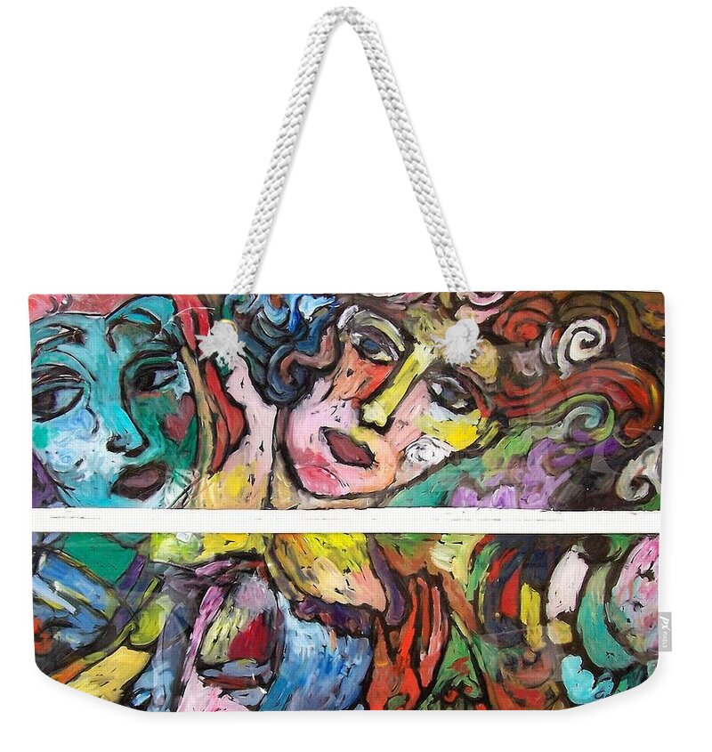 Angels Glass Pane Painting Botticelli Weekender Tote Bag featuring the painting Angles Unaware Back by Mykul Anjelo
