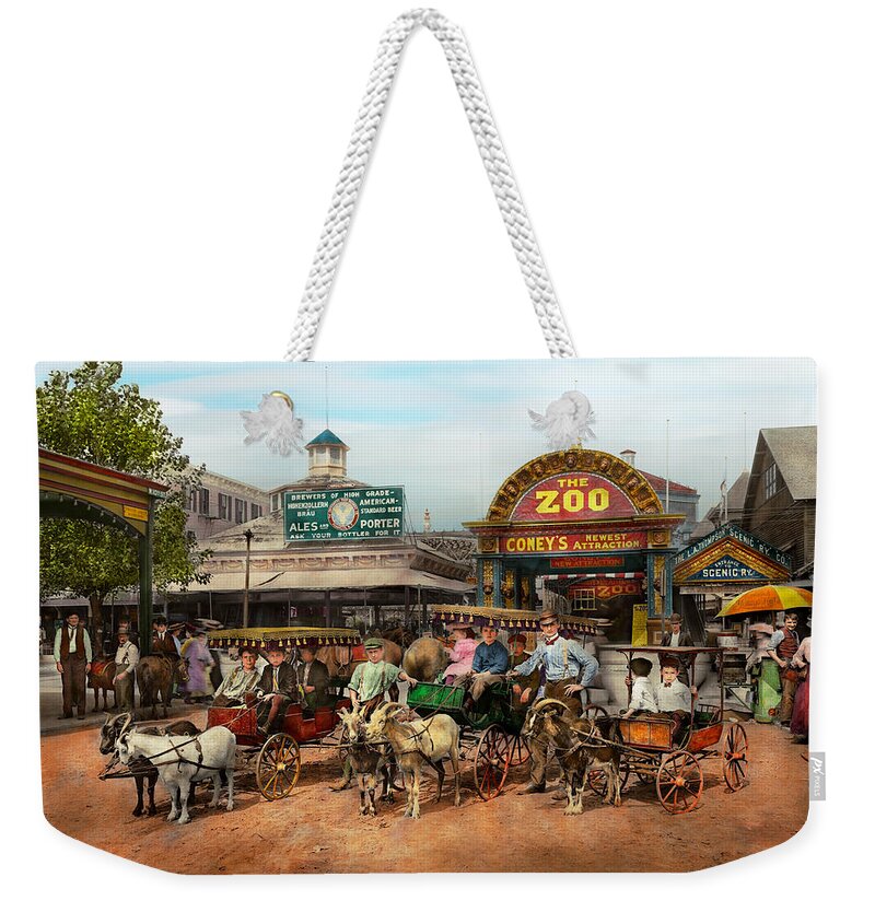 Self Weekender Tote Bag featuring the photograph Animal - Goats - Coney Island NY - Kid rides 1904 by Mike Savad