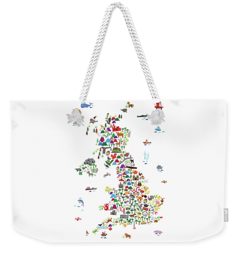 Great Britain Map Weekender Tote Bag featuring the digital art Animal Map of Great Britain for children and kids by Michael Tompsett