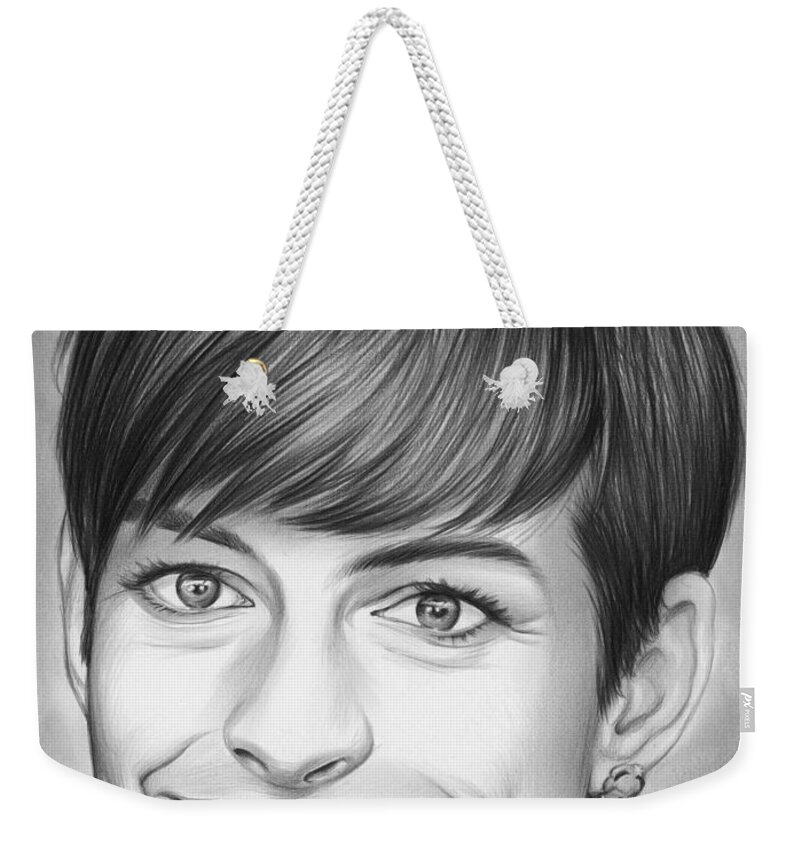 Celebrity Weekender Tote Bag featuring the drawing Anne Hathaway by Greg Joens