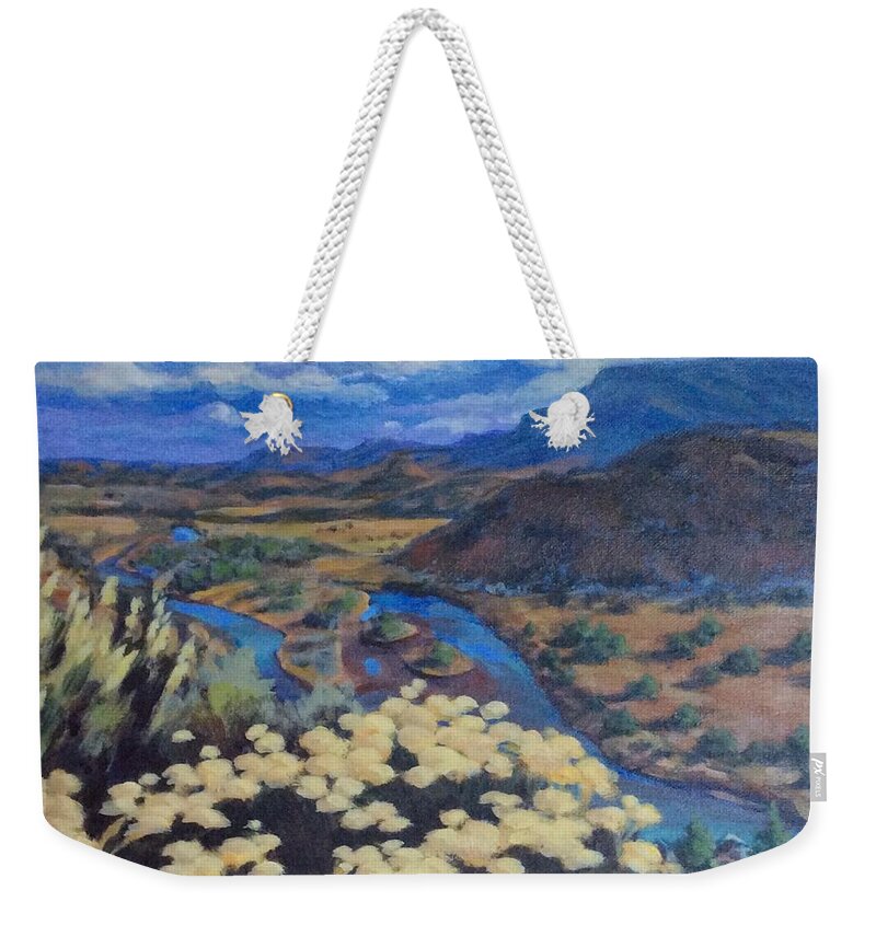 Landscape Weekender Tote Bag featuring the painting Another day above Rio Chama by Sharon Cromwell