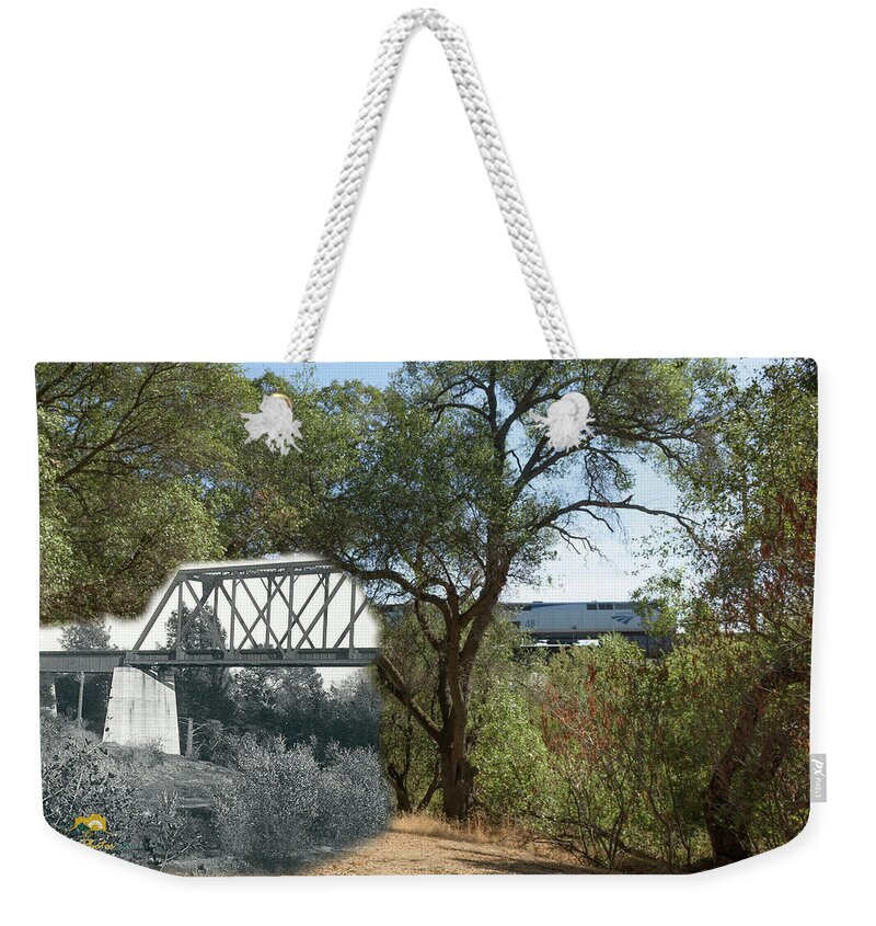 Amtrak Weekender Tote Bag featuring the photograph Antelope Creek Railroad Bridge - then and now by Jim Thompson