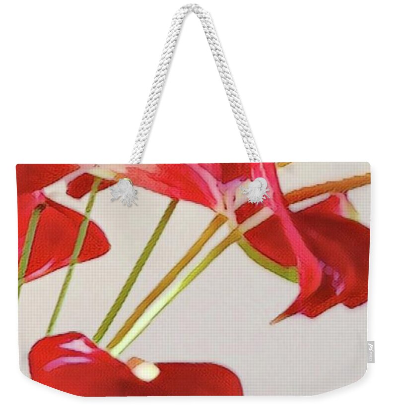 #flowersofaloha #flowers #flowerpower Weekender Tote Bag featuring the photograph Anthurium Fragments in Red by Joalene Young