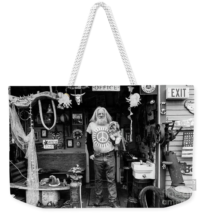 Eccentric Weekender Tote Bag featuring the photograph Antique Home with Owner and His Dog by Jim Corwin