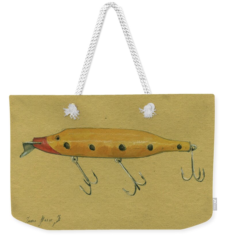 Rainbow Trout Weekender Tote Bag featuring the painting Antique lure by Juan Bosco