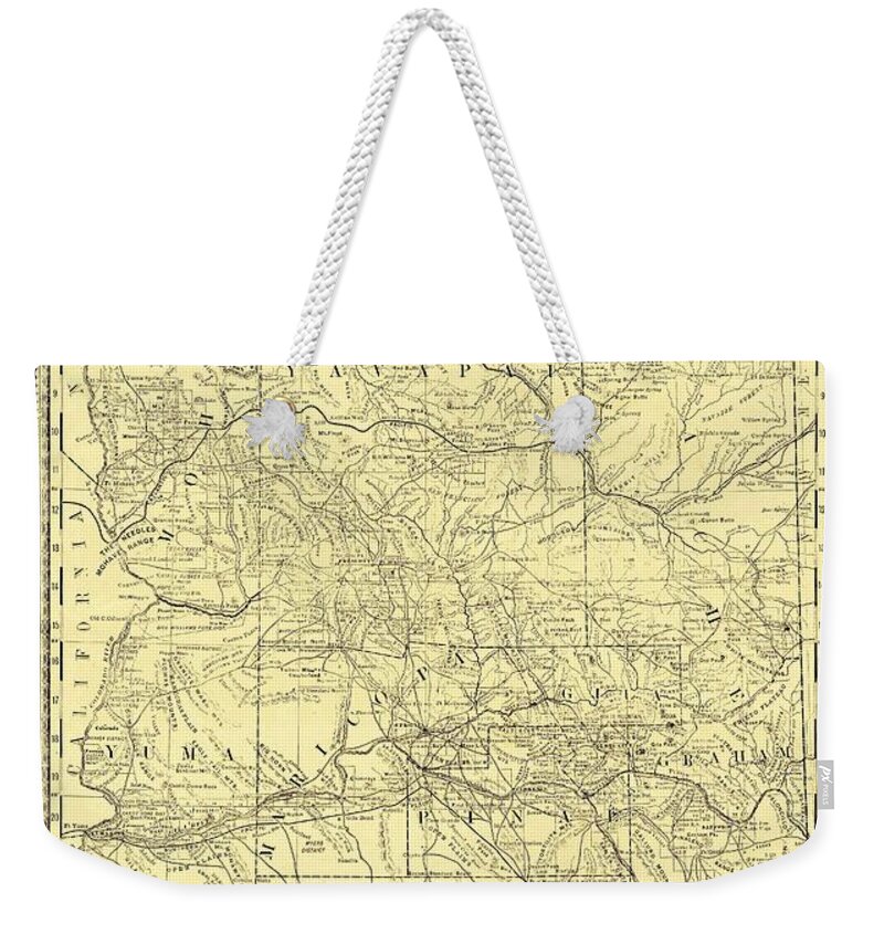 Antique Arizona Map Weekender Tote Bag featuring the drawing Antique Maps - Old Cartographic maps - Antique Map of Arizona, 1881 by Studio Grafiikka